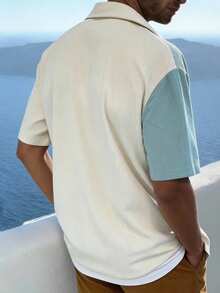 Camisa de pana de manga corta con bolsillo, estilo minimalista con parches y contraste de colores, adecuada para uso casual en verano y múltiples ocasiones - Albaricoque - Ver 2