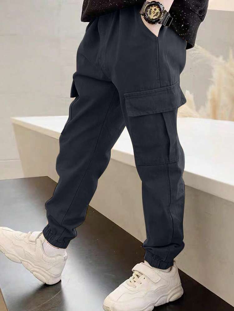 1pc Tween Boys Avant-Garde Minimalist Casual Sports Outdoor Multi-Pocket Cargo Pants, Spring/Autumn - Grey - View 3