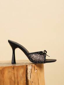 新款春夏女士优雅凉鞋，法式无后跟穆勒鞋，网面透气豹纹高跟穆勒鞋，适合圣诞节、婚礼、返校、商务、派对、度假、工作等场合，舒适百搭，正式场合适用，灰色、棕色，夏季 - 棕色 - 查看 4