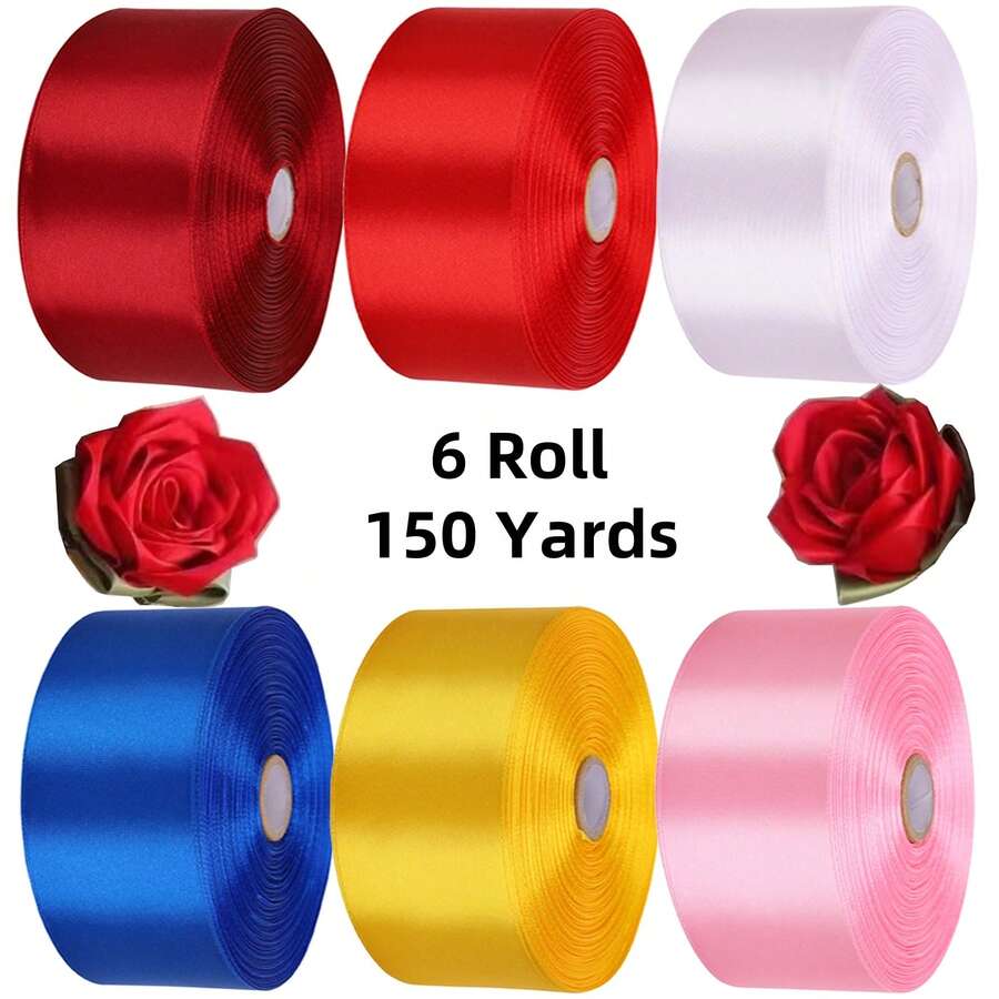 6 Rolls 1-1/2 Inch Satin Ribbon Solid Fabric Ribbon For Gift Wrapping Chair Sash Valentine's Day Wedding Birthday Party Decoration Hair Floral Craft Sewing,Total Length 150 Yards,Mother's Day Gift.(Red,White,Pink And Yellow) - 紅色 - 查看 1