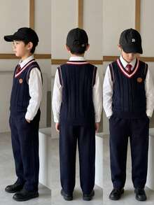 Boys' Knitted Vest, Navy Blue, V-Neck Cable Knit Cotton Sweater Vest, School Style, Suitable For Autumn And Spring Back To School