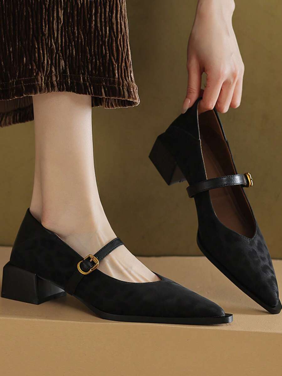 女士复古玛丽珍单带皮鞋；新款时尚尖头粗跟低帮女鞋，秋季必备 - 黑色 - 查看 1
