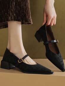女士复古玛丽珍单带皮鞋；新款时尚尖头粗跟低帮女鞋，秋季必备 - 黑色 - 查看 10