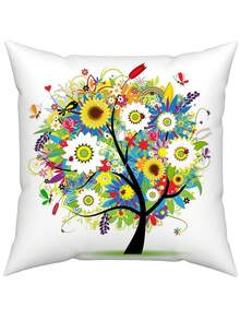1pc Floral & Tree Print Decorative Pillow Cover, Colorful Flower Cushion Cover For Sofa, Chair, Bedroom, Living Room - Multicolor - View 1