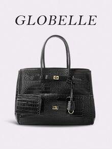 GLOBELLE 时尚复古摩托车包，大容量可扩展，金色五金配件，纯色鳄鱼纹压花双提手，女士单肩手提包，适合上班族女性，完美适用于大学、工作、商务、通勤、户外、旅行、野餐、办公室等各种场合，也适合工作、购物、送礼、休闲旅行。简约百搭，适合户外休闲和购物。 - 黑色 - 查看 6