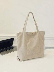Solid Color Men's One Shoulder Tote Bag, Versatile Shopping Bag, Striped Large Capacity Canvas Bag - Beige - View 5