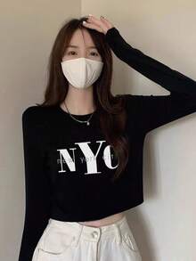 女士休闲字母卡通印花修身长袖T恤，春秋季 - 黑色 - 查看 5