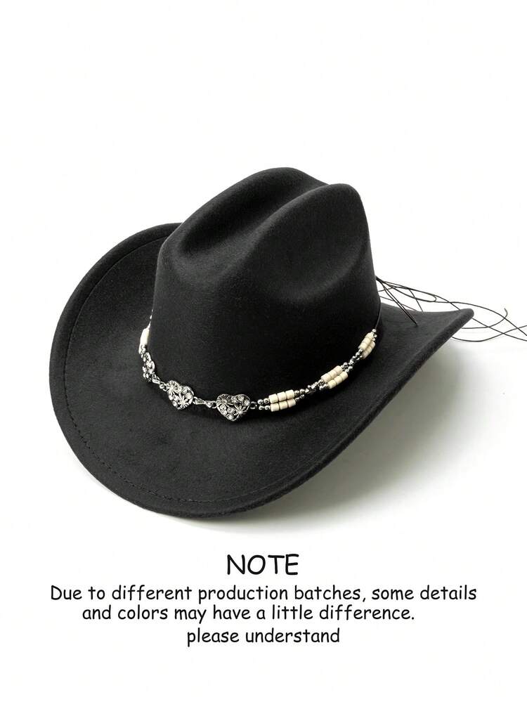 1pc Unisex Solid Color Western Cowboy Hat, Soft Wool Felt Material, Heart Rhinestone Metal Star Beaded Decor, Suitable For Back To School, Party, Western Theme Event, Gathering, Valentine's Day, Graduation, Masquerade, Holiday, Birthday, Music Festival, Mother's Day, Travel, Hiking, Daily Wear, Fashion & Versatile - Style 1 - View 10