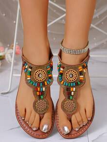 Women's Flat Sandals, Retro French Style Thick Bottom Sandals For Summer, Thong Sandals For Beach, Comfortable Soft Bottom Casual Sandals, High-End Strap Buckle Sandals, Fashionable Versatile Bohemian Flat Sandals, Brown Thong Sandals - Brown - View 3