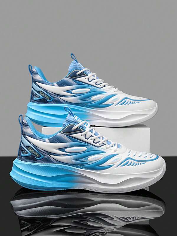 Men's Breathable Mesh Casual Sports Shoes, Geometric Design, Lace-Up Closure, With Cushion Support - Patterned Colorway, Suitable For Running, Walking And Daily Wear, Comfortable And Fashionable, Stylish Sports Shoes | Modern Sports Shoes | Breathable Uppers