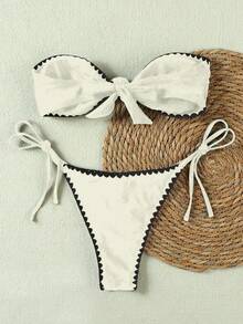 بكيني قطعتين مع رباط وكشكشة - بيكيني شاطئي أنيق باللون البيج، يشع بجو العطلة - بيج - مشاهدة 3