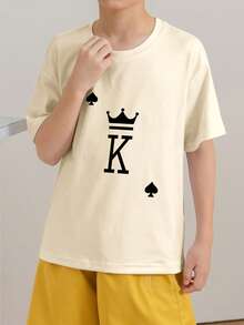 青少年男孩休闲印花圆领短袖T恤，夏季上衣 - 杏色 - 查看 2