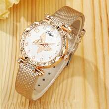 Reloj de mujer con esfera de mariposa en color oro rosa y correa de malla con cristales, con set de pulsera de mariposa. Reloj de cuarzo dulce y enérgico. - Oro rosa - Ver 3