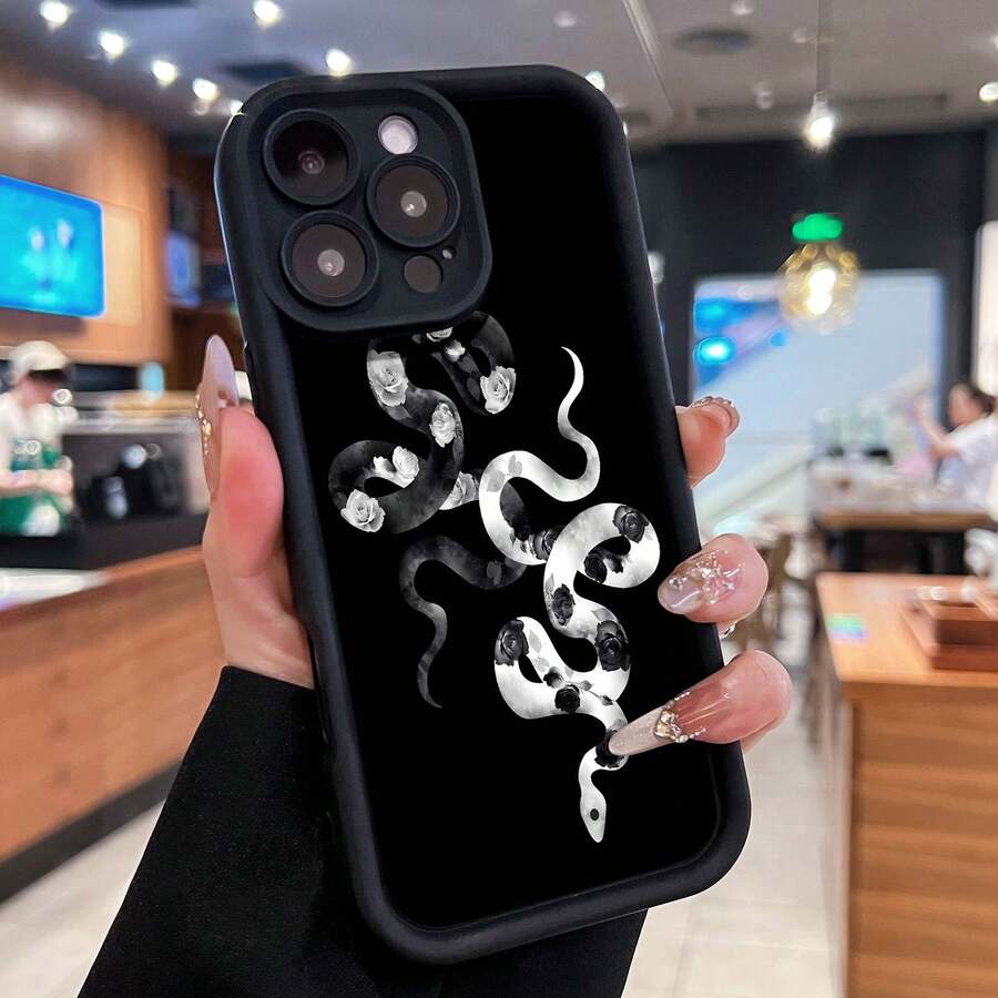 Snake And Roses Pattern Phone Case Compatible With  12 Pro  12 Pro Max  13 Pro  13 Pro Max  14 Pro  14 Pro Max  14 Plus  15  15 Pro  15 Pro Max  16 Pro  16 Pro Max  16 Plus  17  17 Pro  17 Pro Max And  17 Air Made Of TPU Material It Offers Anti-Slip And Drop Protection A Comfortable Feel And A Stylish Look It's A Perfect Gift For Yourself Family Friends Your Lover Or Boyfriend - Black - View 1
