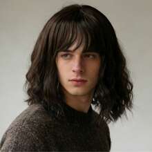 男士新款蓬松空气刘海羊毛卷发中长假发，合成全头假发，适合日常佩戴、派对、角色扮演、服装搭配