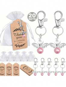 20个银色天使翅膀手机挂件，包含20个戒指、20张感谢卡和欧根纱袋，适合作为洗礼、婚礼和其他场合的礼物。 - 銀色20 - 查看 11