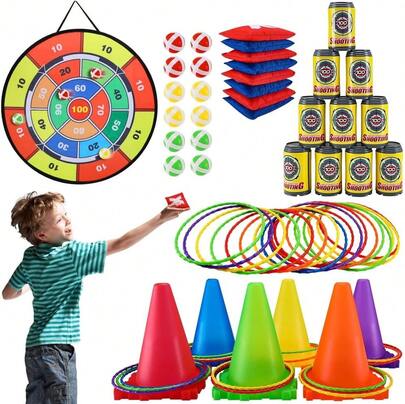 Juegos de Carnaval Niños 3 en 1, 55PCS Juego de Lanzamiento de Cornhole, Juego de Lanzamiento de Anillos, Juego de Dardos Niños, Juego de Fútbol para Niños y Adultos Exterior, Regalo de Navidad,36971527