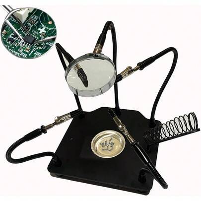 Soldering Station Helping Hands With Magnifying Glass Third Hand Stand Solder Tool PCB Holder Circuit Board Soldering Kit - Heavy Duty Base Plate Four Flexible Arms