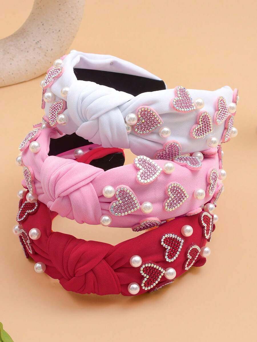 1件装女士水钻爱心仿珍珠打结宽发箍，情人节发饰，甜美可爱风格，女士发饰，适合节日派对、聚会，女士配饰，情人节礼物，装饰配饰，发带，发箍头饰