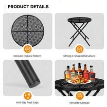 Black 18 Inch Folding Metal Steel Patio Side Table - Round Outdoor Coffee Table With Flower Cutouts For Yard Balcony Garden Use - 預設 - 查看 3