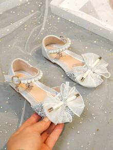 1 Pair Fashionable & Elegant Girls Princess Bow Rhinestone Summer Sandals, Casual Versatile Flat Slip-On Beach Shoes, Suitable For Toddler, Little & Big Kids - Silver - View 4
