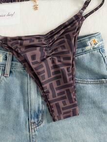 2026 经典款女士挂脖比基尼两件式泳衣，后背褶皱设计，侧边可调节，适合春夏海滩、泳池、音乐节、派对、约会度假等场合。 - 棕色 - 查看 6