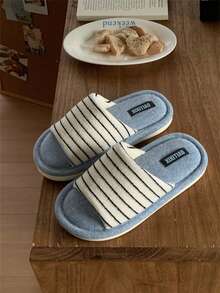 XIXITIAO 1 đôi dép lê sọc phối màu retro, đế mềm mại, thoải mái, thích hợp mang trong nhà vào mùa thu/đông. - Xanh và trắng - Xem 8