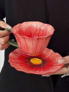 1set Ins Style High-Quality Ceramic Flower Petal Coffee Cup & Saucer Set, Hand-Painted Underglaze Relief Craftsmanship, Household Breakfast Milk Cup, Bread Plate, Office Afternoon Tea Coffee Cup, Latte Art Cup, Juice Beverage Cup, Dessert Cake Plate, Couple Water Cup, Holiday Gift Cup