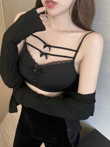 女士蝴蝶结蕾丝吊带背心，夏季外套 - 黑色 - 查看 4