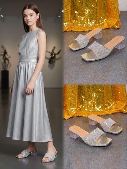 1 Pair Silver Plus Size Teenage Girls' Strap Rhinestone Meteor Shower Decor Slip-On Square Toe Crystal Clear Flat Sandals, Elegant & Lightweight Roman Style Slippers Suitable For Casual, Party, School, Commute, Travel, Spring/Summer