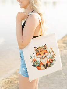 Retro Style Forest Themed Foldable Canvas Tote Bag, Cute Fox, Mushroom, Flower, Star & Moon Pattern Printed Canvas Shoulder Bag Tote Bag Storage Bag, Multifunctional Fashion Travel Shopping Handbag, Large Capacity Tote Bag Luggage Bag, Suitable For Men & Women Hiking Travel Leisure, Gift Idea, Back To School/Graduation Gift Travel Bag Duffle Bag Overnight Bag Durable Travel Organizer Cruise Essential Vacation Essentials For Men Women Travel Essential Holiday Essential Travel Must Haves - Beige - View 8