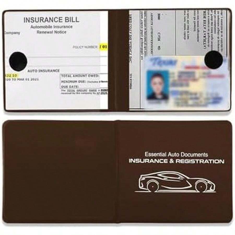 2PCS Car Registration And Insurance Holder, 10.6''*4.8'' Essential Auto Card Glove Box Organizer With Closure, Vehicle Interior Accessories Perfect For Documents, Cards - Brown - View 1