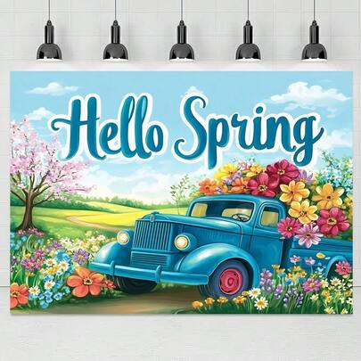 这款复古风格的“你好，春天”横幅采用100%涤纶面料制成，无需用电，是季节性装饰的理想之选。横幅上印有一辆蓝色卡车和色彩缤纷的花朵图案。