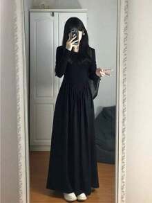 New For Early Fall: Women's French Hepburn Black Long Dress: Long Sleeves For Cold Protection, A-Line Figure-Shaping, High Waist For Longer Legs, Elegant For Commuting, Korean-Inspired Details, Can Be Worn Inside Or On Its Own, A Simple Black Fall Staple - 黑色 - 查看 2