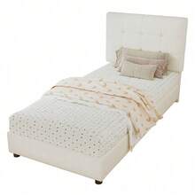 Lit de grande taille pour enfant sécurisé, design biscuit – Avec tête de lit douillette, barrières en mousse anti-choc, construction composite – 90x200 cm, couleur beige (Vendu sans matelas) - défaut - Voir 10