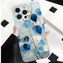 2026 nueva funda de teléfono esmerilada, funda de teléfono con estampado de hojas azules y flores blancas para  17 15 Pro Max  17 14 Pro  17 13  17 12  Galaxy S23 S22 S21 S20 protector de teléfono funda de pareja regalo para novio novia día de San Valentín regalo de cumpleaños - Blanco antiguo - Ver 2