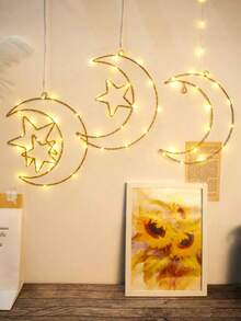 1 Warm Light Moon Hugging Double Star Multi Style Iron Ring LED Decorative Light, Moon, Moon Hugging Star, Moon Hugging Double Star, Moon Hugging Candle Star, With Flashing Function Like A Sky Full Of Stars, Multiple Styles Suitable For Holiday Decoration, Bedrooms, Wedding Parties, Holiday Decoration Lights (Excluding Batteries) - 暖光 - 查看 4