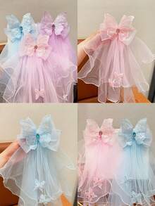 1个女童薄纱蝴蝶结发夹，公主面纱头饰，飘逸丝带马尾夹发饰 - 彩色 - 查看 2