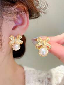 1 paire de boucles d'oreilles élégantes en forme de larme avec zircone cubique et fausse perle, convient aux femmes comme cadeau de la Saint-Valentin, mariage, fiançailles, anniversaire, bijoux de fête - Or jaune - Voir 28