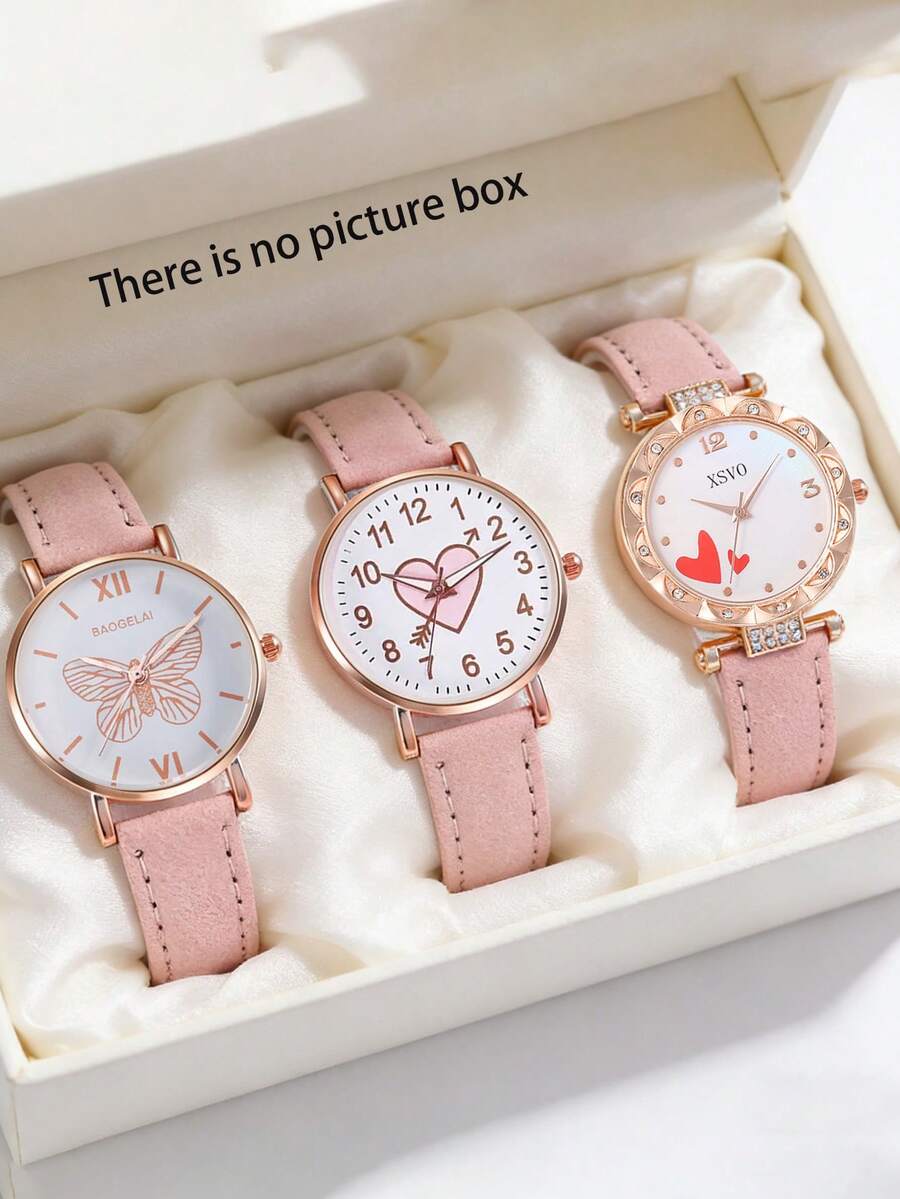 3pcs/Set Creative & Fresh Women's Round Dial Quartz Watch, Rose Gold Quartz Watch With Pink Leather Strap, Suitable For Women's Daily Wear Or Gift, Ideal For Christmas, Valentine's Day, Ramadan, Eid, Carnival - White - View 1