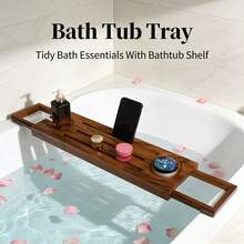1pc Expandable Bamboo Bathtub Tray | Wine Holder, Phone Slot & Bookrest, Anti-Slip Design, Foldable For Easy Storage