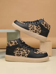 Women's Leopard Print High-Top Casual Sneakers | With Cushioned Insole, Breathable Mesh PU Upper And Round Toe - Suitable For Casual, Sports, Athleisure Wear - Leopard Spot Print Gift Shoes, Women's Athletic Shoes, Training/Workout Shoes - Black - View 16