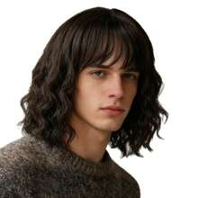 男士新款蓬松空气刘海羊毛卷发中长假发，合成全头假发，适合日常佩戴、派对、角色扮演、服装搭配