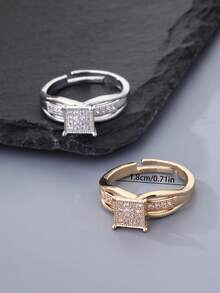 1 pieza Anillo cuadrado de circonita cúbica de dos tonos de moda para mujer, banda ajustable abierta. Adecuado para uso diario de joyería, boda, compromiso, anillos de pareja, regalo, celebración del Ramadán, regalo de Eid Al-Fitr - Anillo cuadrado - Ver 2