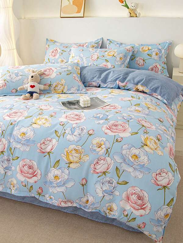 4 piezas Juego de ropa de cama con estampado floral suave, incluye 1 funda nórdica, 1 sábana plana, 2 fundas de almohada, estampado de rosa pastel fresco, tela suave cepillada, apto para camas individuales, dobles, queen, king, ideal para dormitorio, dormitorio, vuelta al colegio, todas las estaciones