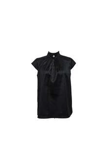 女士优雅漏斗领衬衫，饰有荷叶边和金色纽扣，短袖 - 黑色 - 查看 4