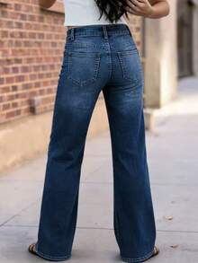 新款时尚女式直筒牛仔裤，舒适弹力，高品质，时尚休闲装 - 深色水洗藍 - 查看 5