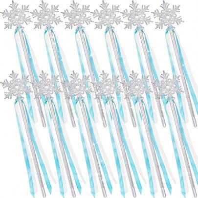 6/12 piezas Elegantes varitas mágicas de copo de nieve plateadas con cintas azules - Varitas de princesa mágica de invierno, material de plástico, ideal para fiestas temáticas y decoraciones, decoración de fiesta | Decoración temática de invierno | Varitas de plástico duradero, decoraciones de copos de nieve