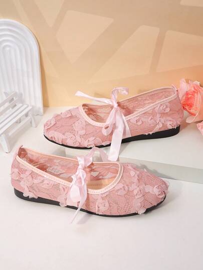 Pink Women Flat Ballet Flats With Bow Decor & Floral Embroidery, Pink Breathable Hollow Mesh Summer Sandals, Square Toe Glitter Wide Fit Mary Jane Shoes