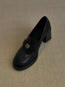 8厘米厚底厚底乐福鞋 | 复古软皮高跟鞋，英伦风一脚蹬皮鞋 - 黑色 - 查看 5